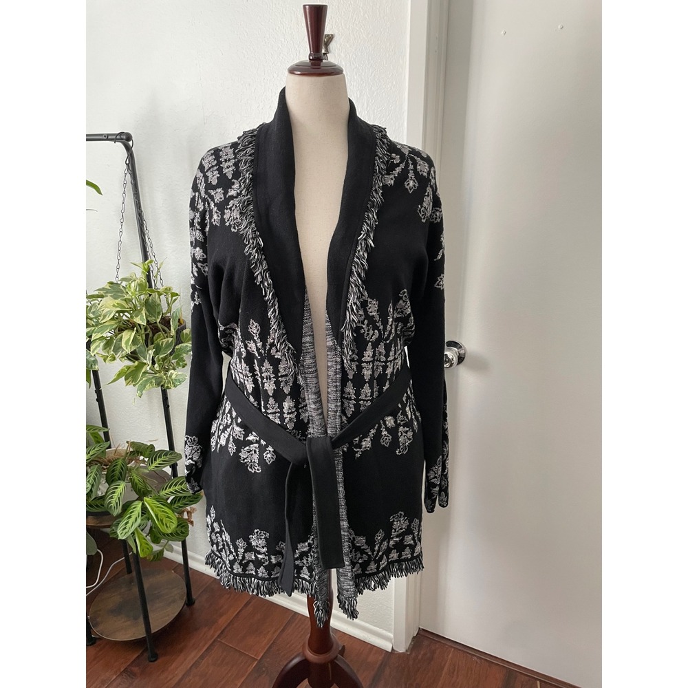 Chico's 4 Cardigan XXL Sweater Fringe Belted Jacquard Boho Southwestern Pockets